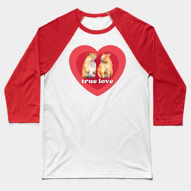 Two Cute Capybaras in Love, Surrounded by Red Hearts. Perfect for Capybara Lovers Baseball T-Shirt by Flourescent Flamingo